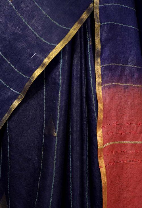 Beautiful Handloom Doby Triangular Design Weave Blue & Pink Kota Silk Wrap In One Minute Saree