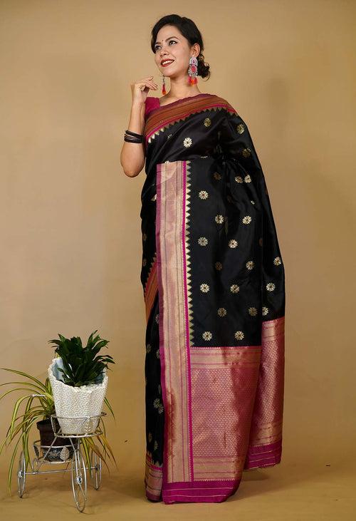 Readymade sarees Kanjeevaram Black Woven With Contrast Border And Tassel on pallu Wrap IN One Minute Saree