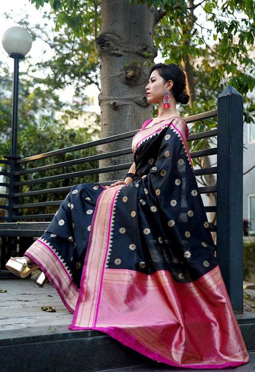 Readymade sarees Kanjeevaram Black Woven With Contrast Border And Tassel on pallu Wrap IN One Minute Saree