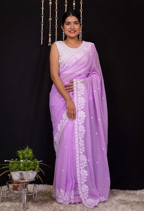 Ready To Wear Lavender With White Embroidered Border Wrap in 1 Minute Saree