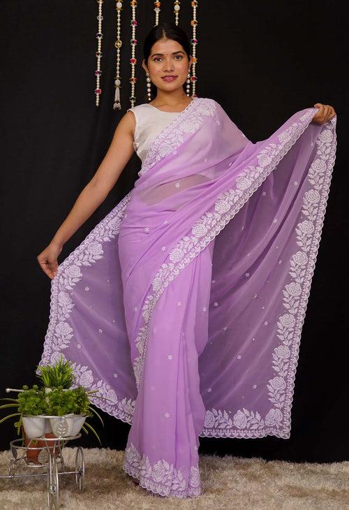 Ready To Wear Lavender With White Embroidered Border Wrap in 1 Minute Saree