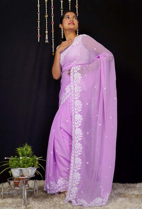 Ready To Wear Lavender With White Embroidered Border Wrap in 1 Minute Saree