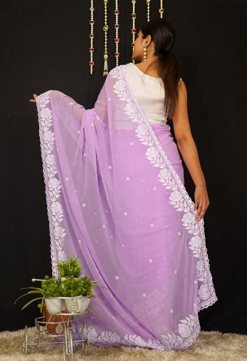 Ready To Wear Lavender With White Embroidered Border Wrap in 1 Minute Saree