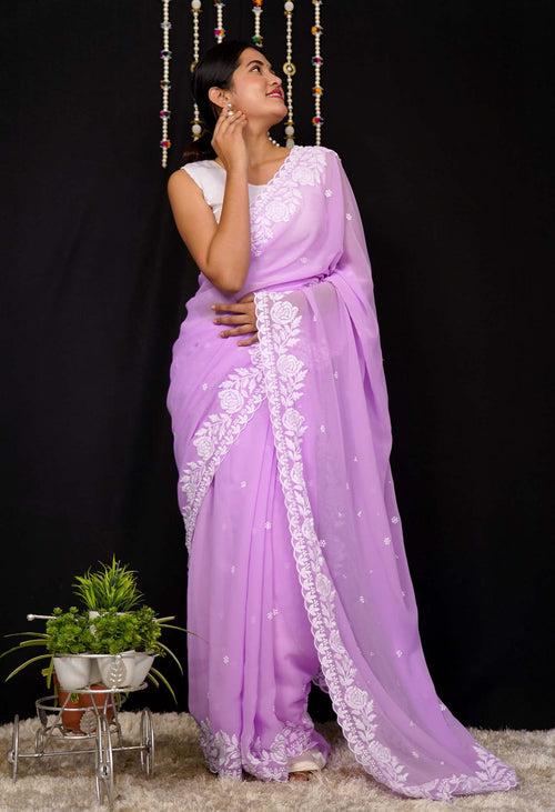 Ready To Wear Lavender With White Embroidered Border Wrap in 1 Minute Saree