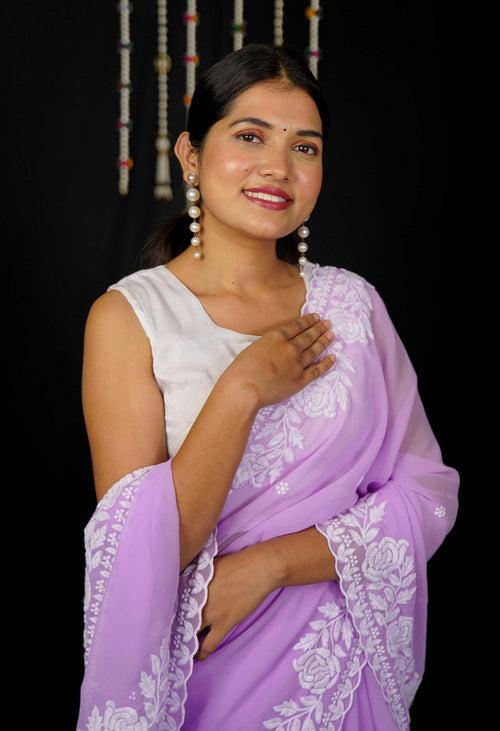 Ready To Wear Lavender With White Embroidered Border Wrap in 1 Minute Saree