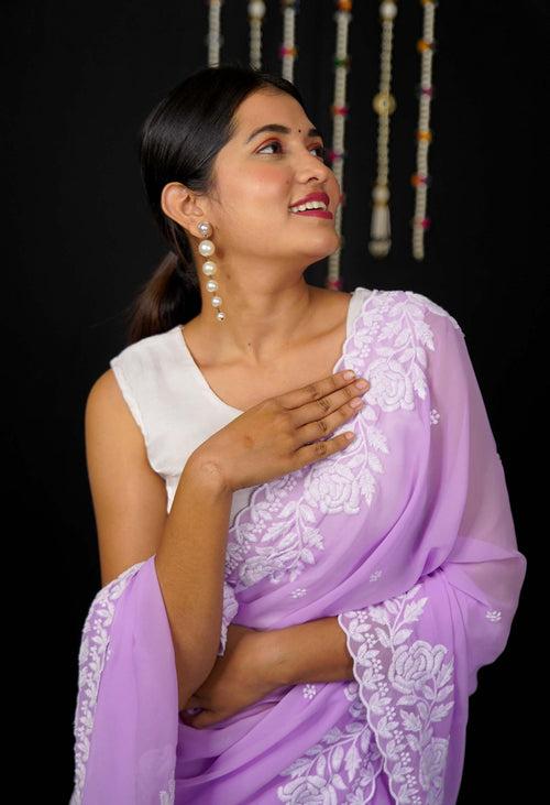 Ready To Wear Lavender With White Embroidered Border Wrap in 1 Minute Saree