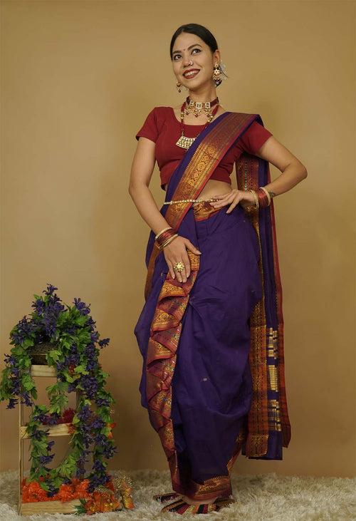 Ready To Wear Maharashtrian Style contrast Traditional Print border With Stone Embellished  Nauwari Saree