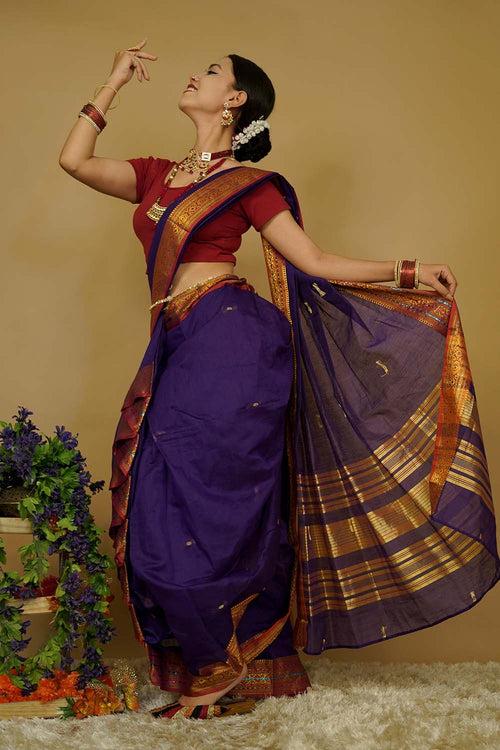 Ready To Wear Maharashtrian Style contrast Traditional Print border With Stone Embellished  Nauwari Saree