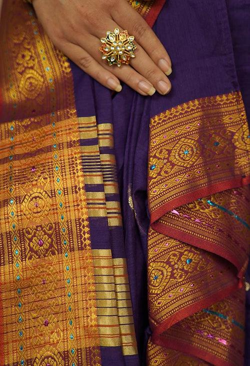 Ready To Wear Maharashtrian Style contrast Traditional Print border With Stone Embellished  Nauwari Saree