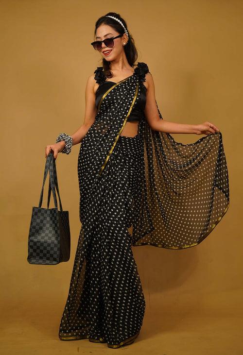 Ready To Wear 90s Polka Dot Style With Zari Border wrap In One Minute Saree