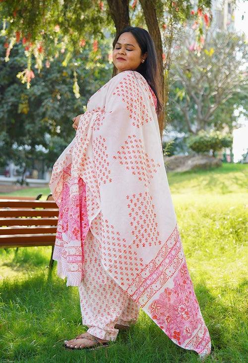 Peach Cotton Mul Mul Printed Ready to wear Salwar-Kameez with Dupatta