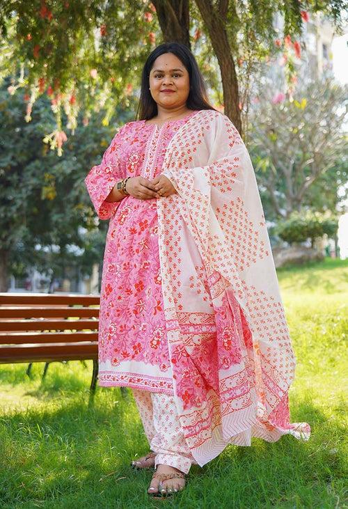 Peach Cotton Mul Mul Printed Ready to wear Salwar-Kameez with Dupatta