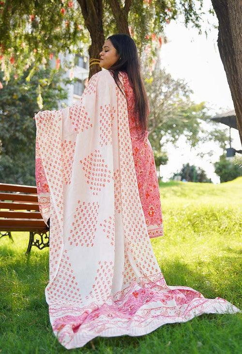 Peach Cotton Mul Mul Printed Ready to wear Salwar-Kameez with Dupatta