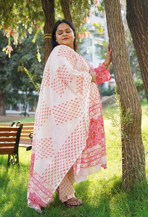 Peach Cotton Mul Mul Printed Ready to wear Salwar-Kameez with Dupatta