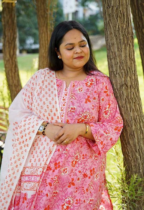 Peach Cotton Mul Mul Printed Ready to wear Salwar-Kameez with Dupatta