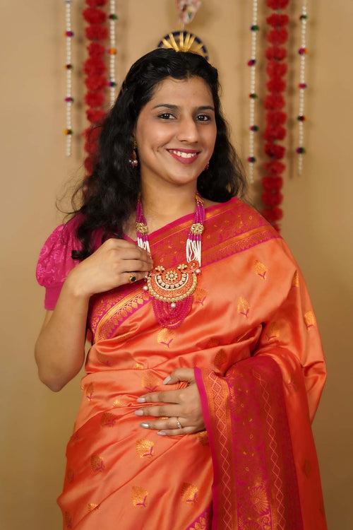 Beautiful Red Orange  Dhoop chaanv banarasi With ornate border and Pallu Wrap in one minute saree