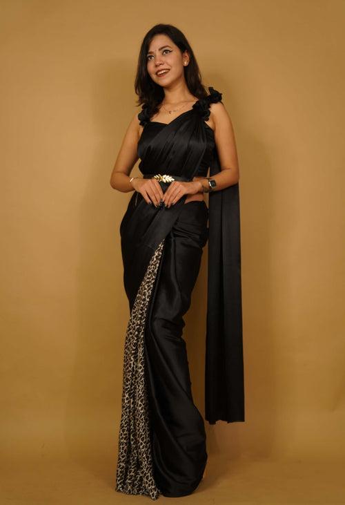 Celebrity readymade saree Black and Animal Print  Satin Half And Half  Wrap in 1 Minute Saree