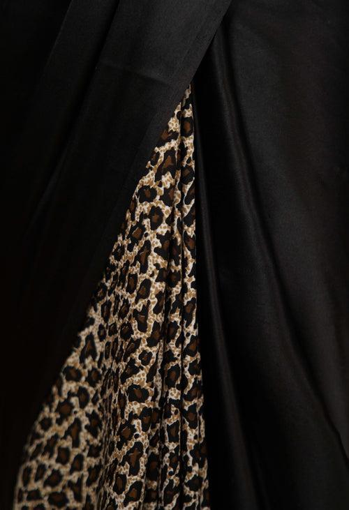 Celebrity readymade saree Black and Animal Print  Satin Half And Half  Wrap in 1 Minute Saree