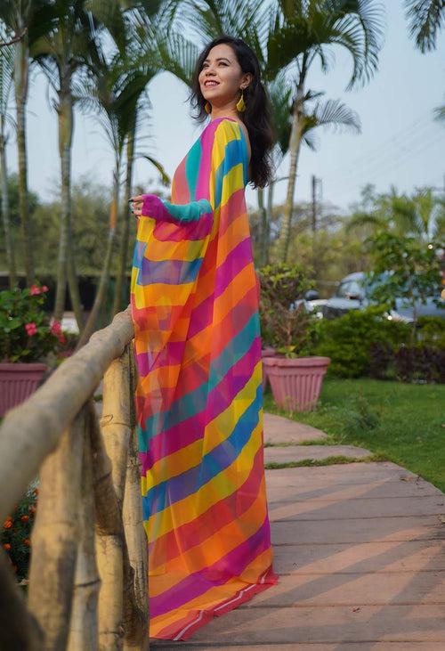 Stylish Rainbow colorblocked Striped  pure chiffon wrap in one minute saree