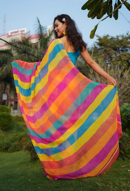 Stylish Rainbow colorblocked Striped  pure chiffon wrap in one minute saree