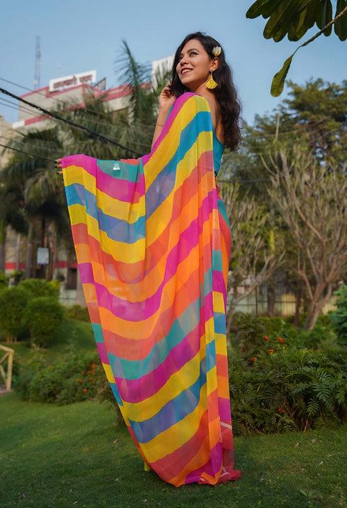 Stylish Rainbow colorblocked Striped  pure chiffon wrap in one minute saree