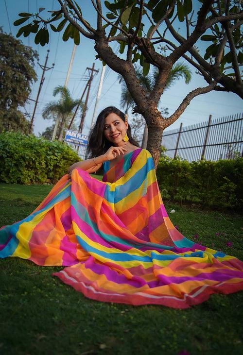 Stylish Rainbow colorblocked Striped  pure chiffon wrap in one minute saree