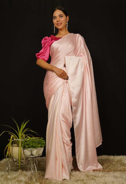 Beautiful Pink Pastel Wrap in 1 minute Saree With Moti Lace Ready to wear saree