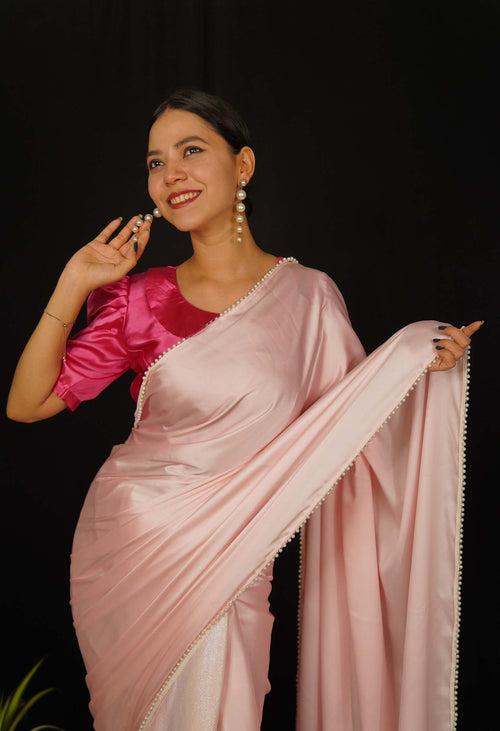 Beautiful Pink Pastel Wrap in 1 minute Saree With Moti Lace Ready to wear saree