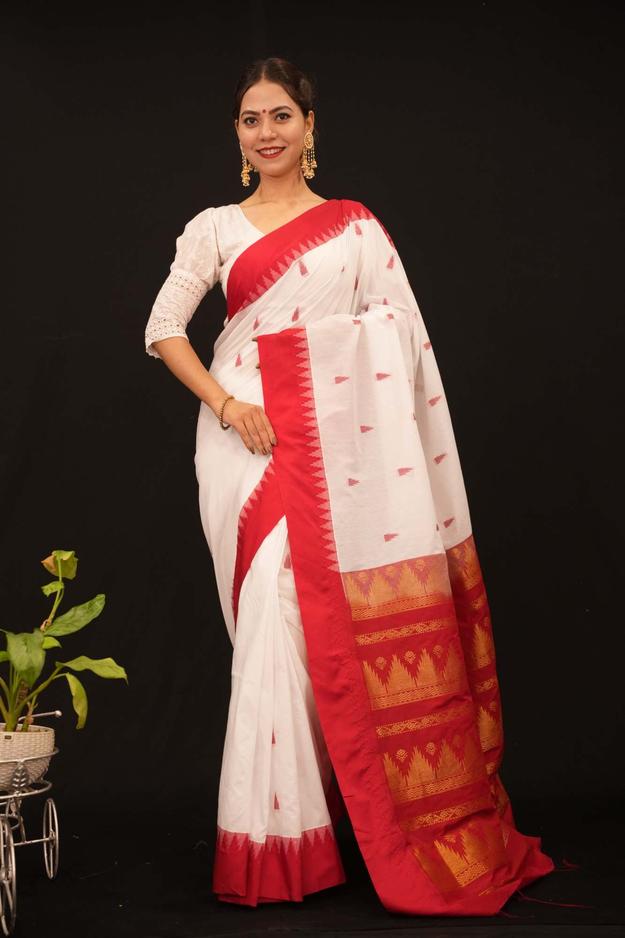 White With Red Temple Bordered Zari Butta Ornate Palla Pre Drape Saree