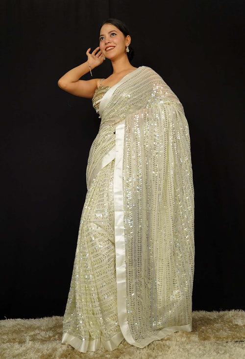 Ready To Wear  Party Embellished Sequined With Solid Border  Wrap in 1 minute saree