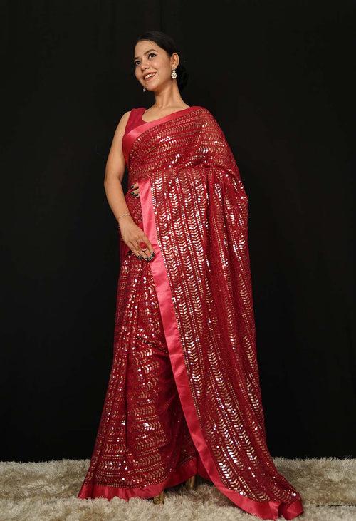 Stylish Party Wear All Over Sequin Embellished With Solid Border Wrap In One Minute Saree