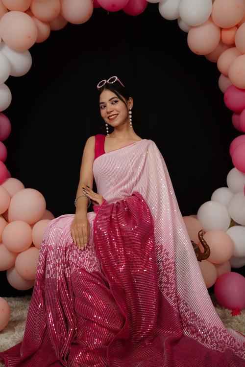 Kajol Styled Celebrity look Pink Sequins All over Work Georgette Wrap in 1 minute saree