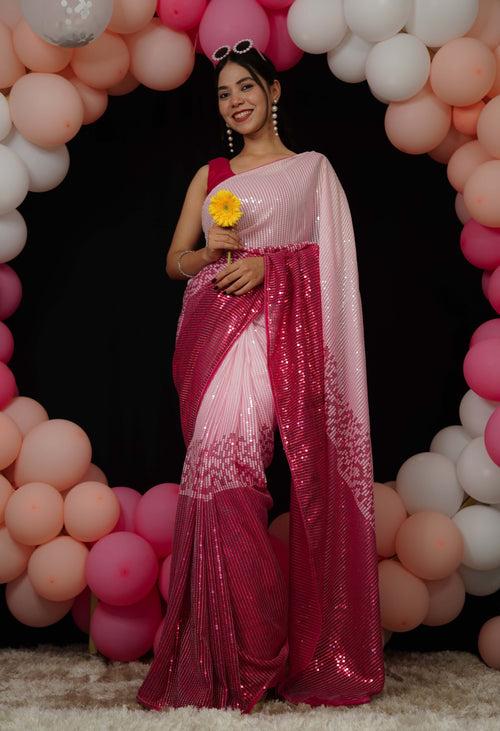 Kajol Styled Celebrity look Pink Sequins All over Work Georgette Wrap in 1 minute saree