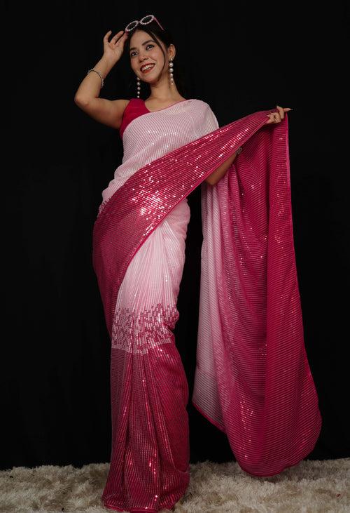 Kajol Styled Celebrity look Pink Sequins All over Work Georgette Wrap in 1 minute saree