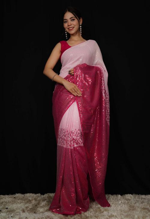 Kajol Styled Celebrity look Pink Sequins All over Work Georgette Wrap in 1 minute saree