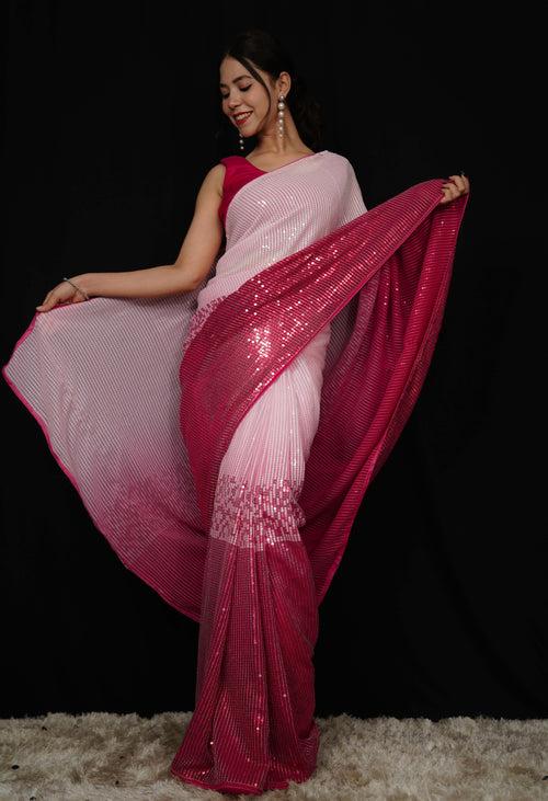 Kajol Styled Celebrity look Pink Sequins All over Work Georgette Wrap in 1 minute saree