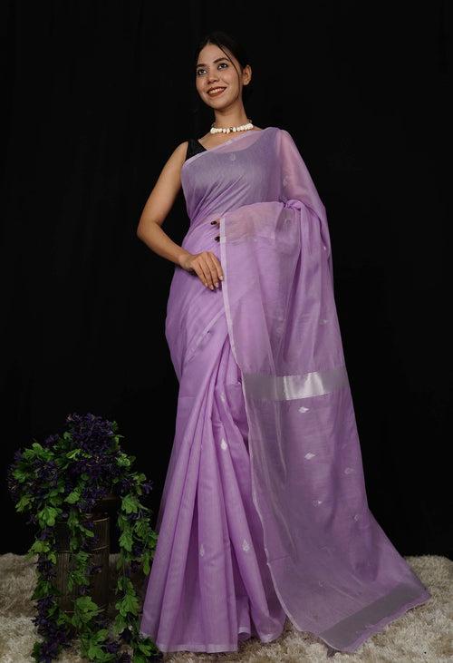 Beautiful Lavender Cotton With Zari woven wrap in 1 minute Saree