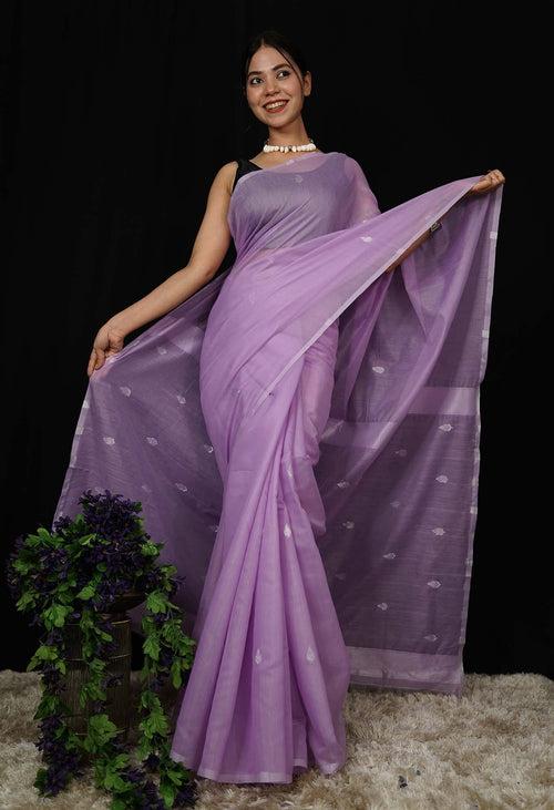 Beautiful Lavender Cotton With Zari woven wrap in 1 minute Saree