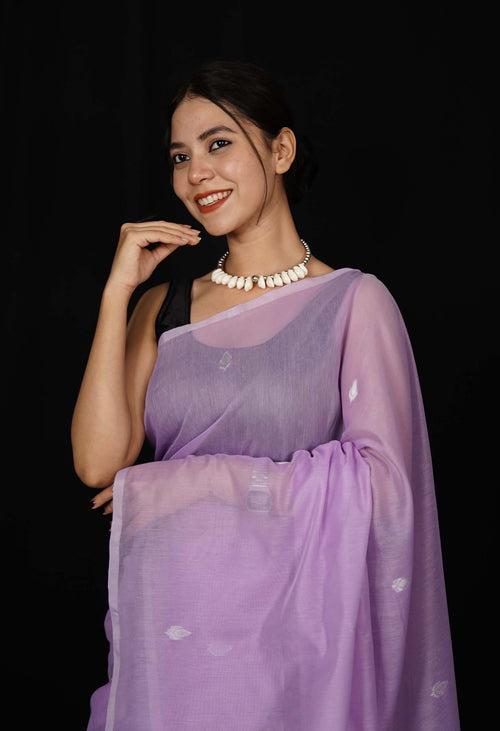 Beautiful Lavender Cotton With Zari woven wrap in 1 minute Saree