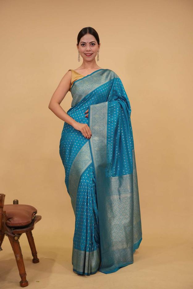 Firozi Blue With Overall Zari Butta Broad Bordered & Ornate Palla Banarasi Ready To Wear Saree