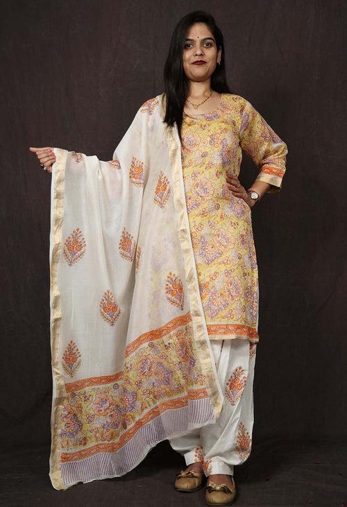 Soft Cotton Yellow Printed With Block Printed Dupatta & Ready to wear Salwar-Kameez