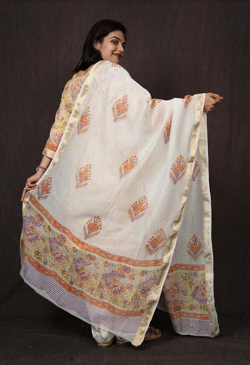 Soft Cotton Yellow Printed With Block Printed Dupatta & Ready to wear Salwar-Kameez