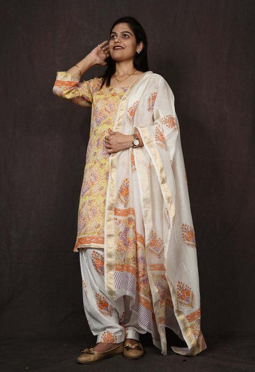 Soft Cotton Yellow Printed With Block Printed Dupatta & Ready to wear Salwar-Kameez