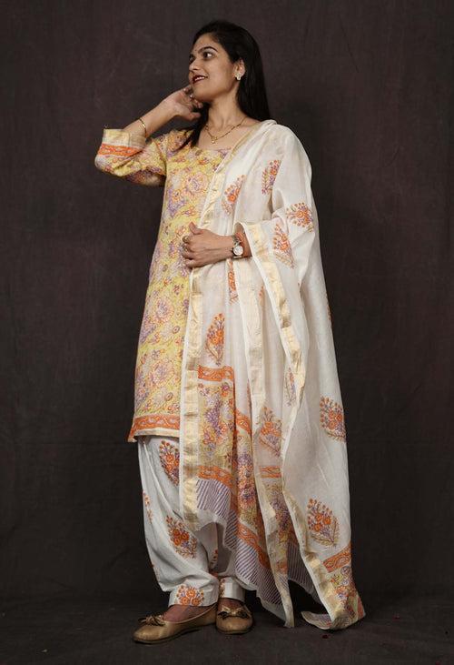 Soft Cotton Yellow Printed With Block Printed Dupatta & Ready to wear Salwar-Kameez