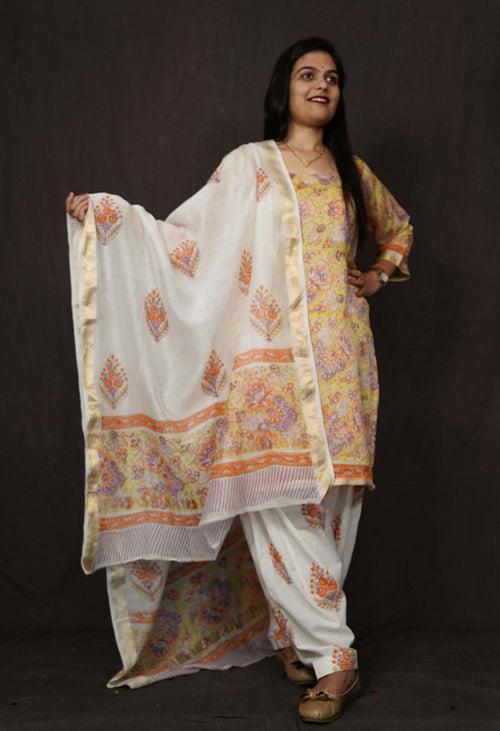 Soft Cotton Yellow Printed With Block Printed Dupatta & Ready to wear Salwar-Kameez