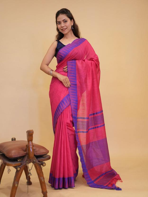 Beautiful Pink Bhagalpuri Silk With Contrast Purple Temple Border Wrap In  One Minute Saree