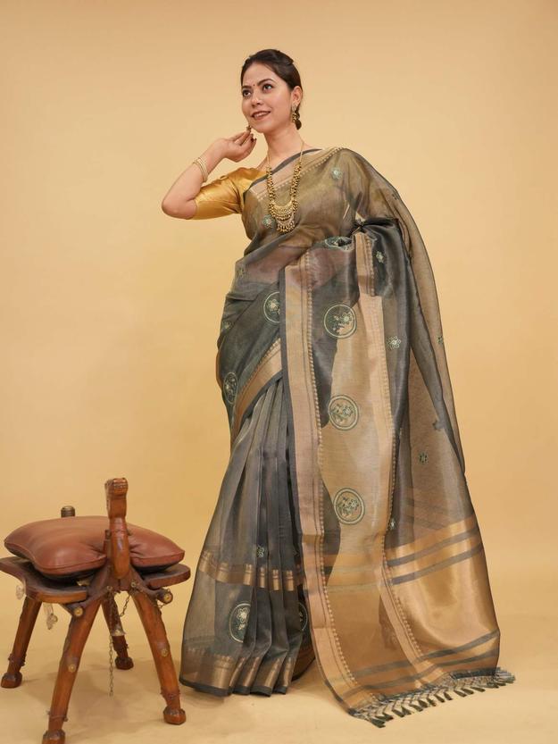 Beautiful Tissue Organza Zari Woven Border & Thread Woven Motifs Overall Ready To Wear Saree