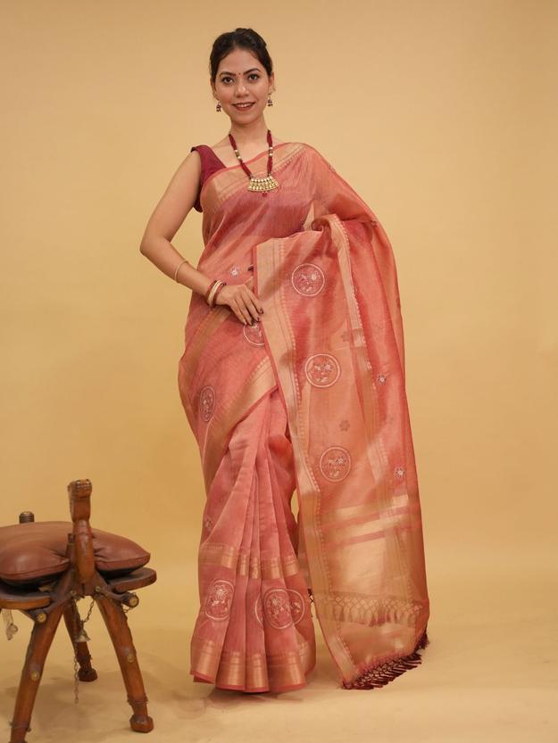 Beautiful Tissue Organza in Gajzari Tonned Zari Woven Border & Thread Woven Motifs Overall Ready To Wear Saree