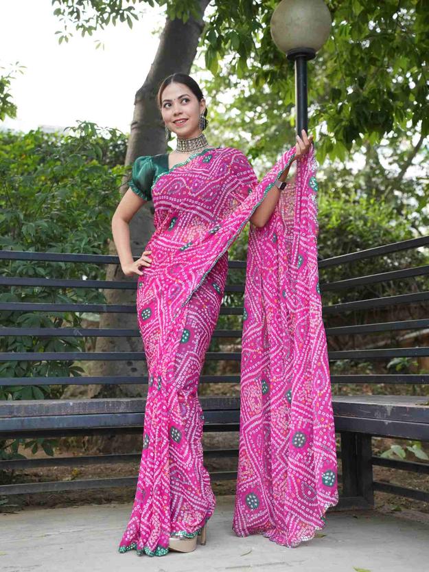 Bandhani Printed Chiffon With Mirror Work Green Scalloped  Border Wrap in 1 Minute Saree.