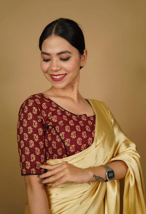 Soft Cotton Ajrakh Block Printed With Piping Detailed Blouse